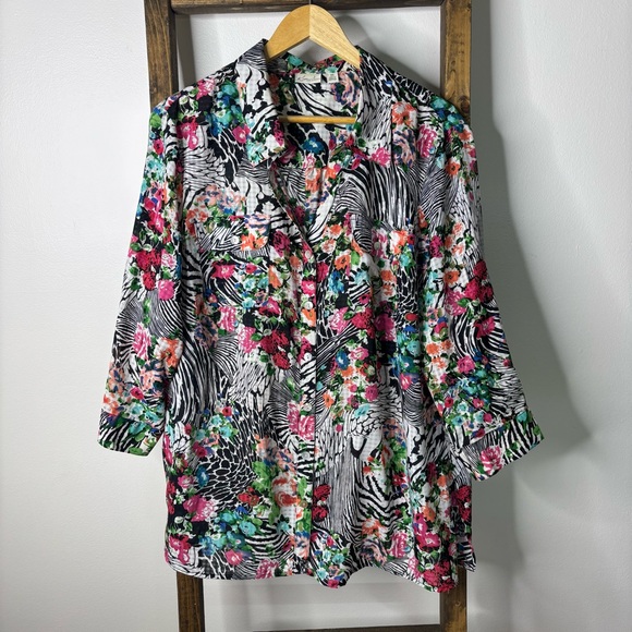 Kim Rogers Floral and Zebra Print Button Blouse - Picture 1 of 6